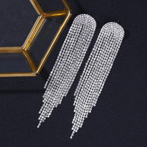 Silver Elegant Long Chandelier Rhinestone‎ Tassel Drop Bling Earrings - Picture 5 of 8